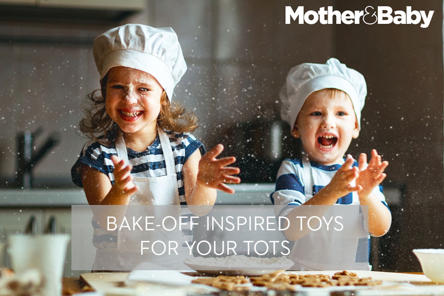 laughing children wearing chef hats and baking