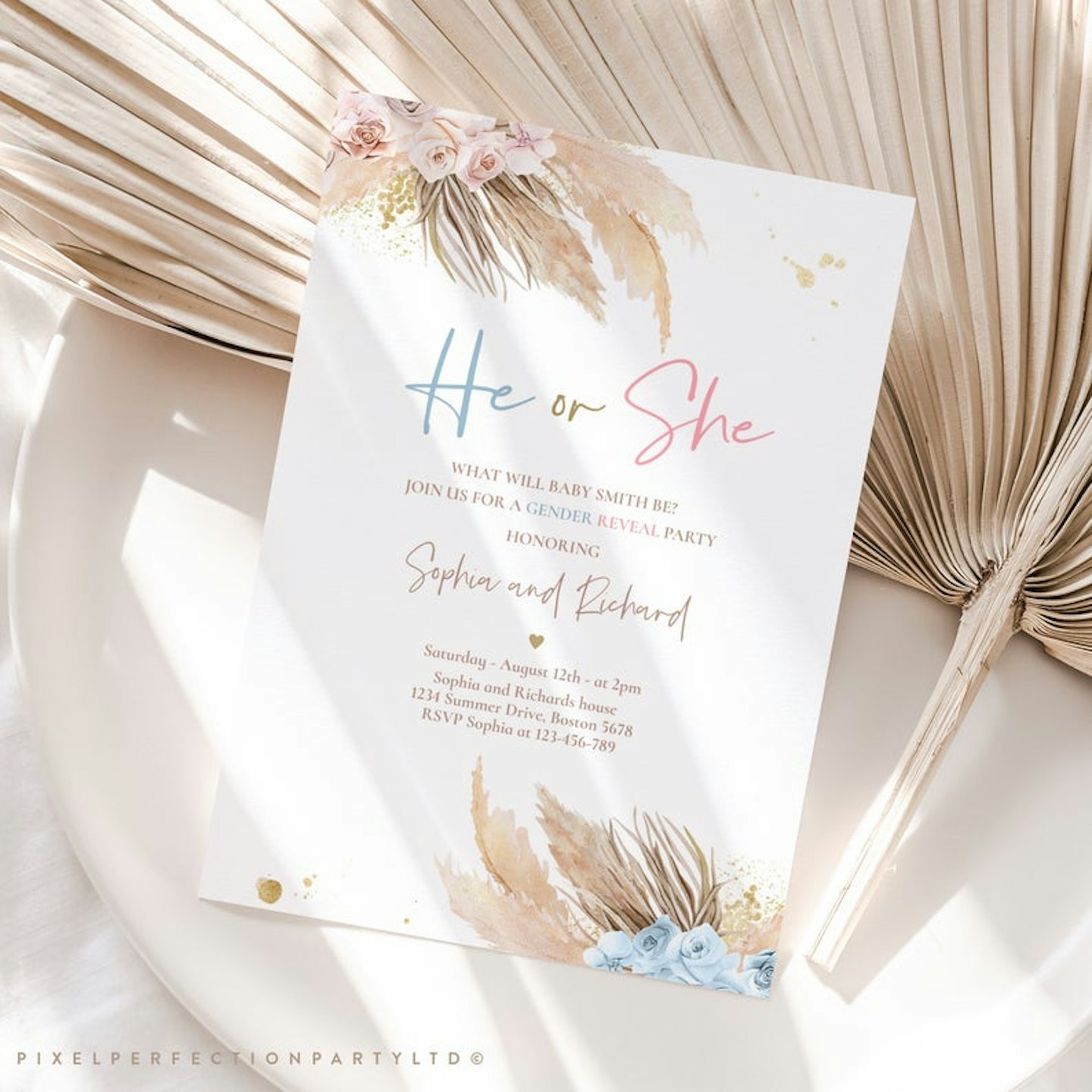 Editable Pampas Grass Gender Reveal Invitation 