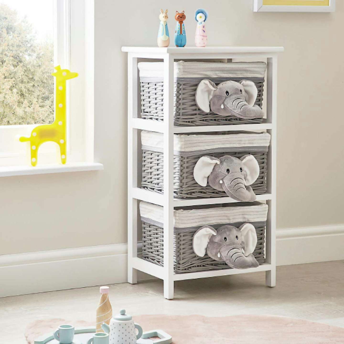 Grey Plush Elephant 3 Drawer Wicker Drawer Unit