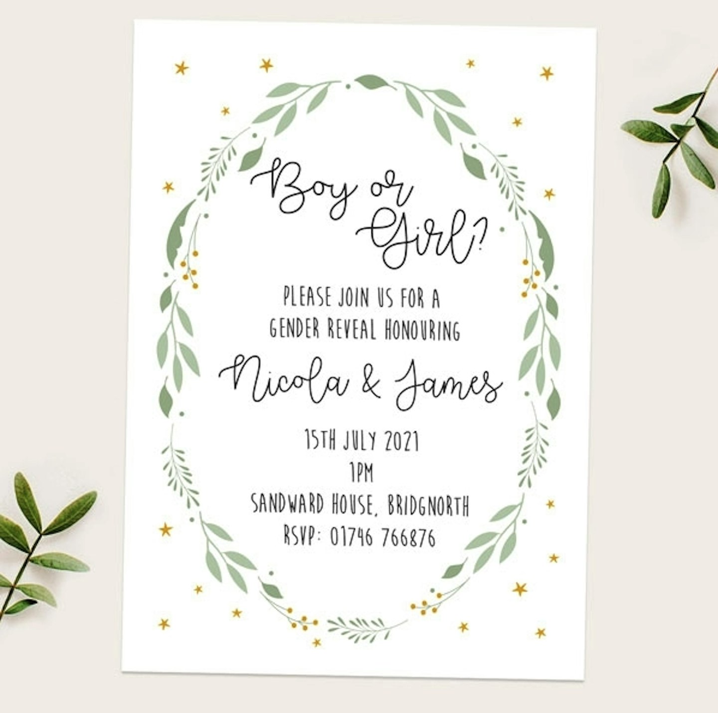 Foliage Wreath Gender Reveal Party Invitations