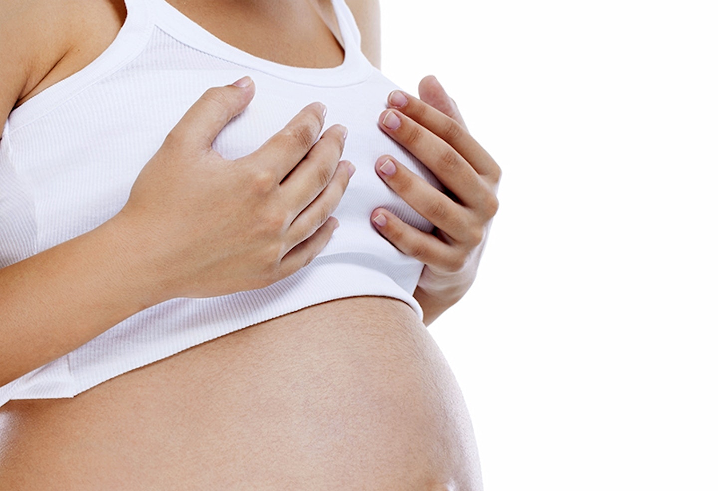 Breast Diseases During Pregnancy. Pregnant Lady In Top Bra
