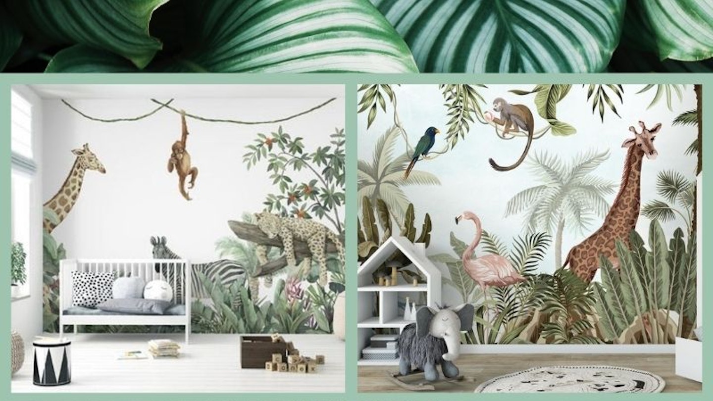 Jungle themed nursery examples with leafy background