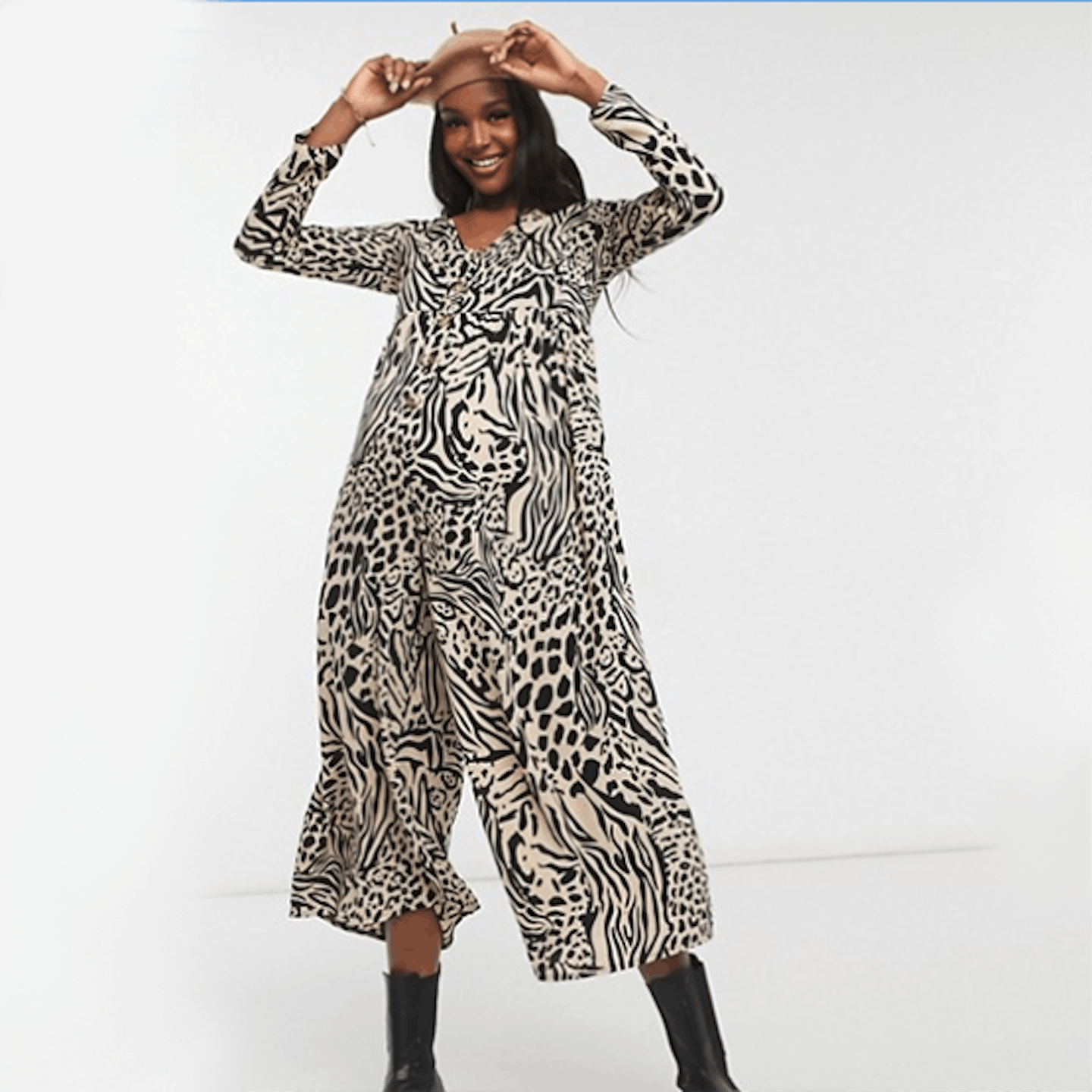 Maternity button front relaxed jumpsuit in animal print