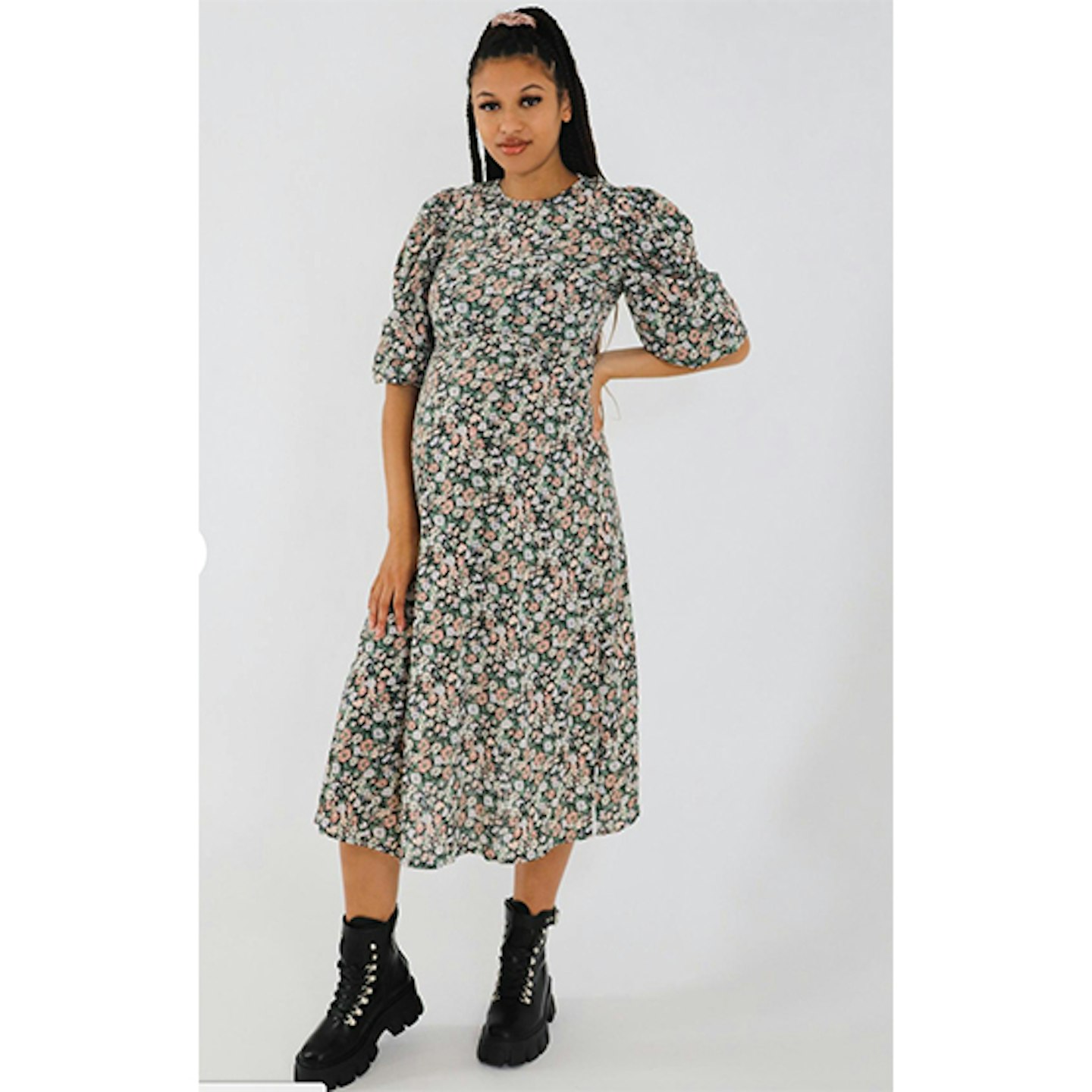 Floral puff sleeve midi dress