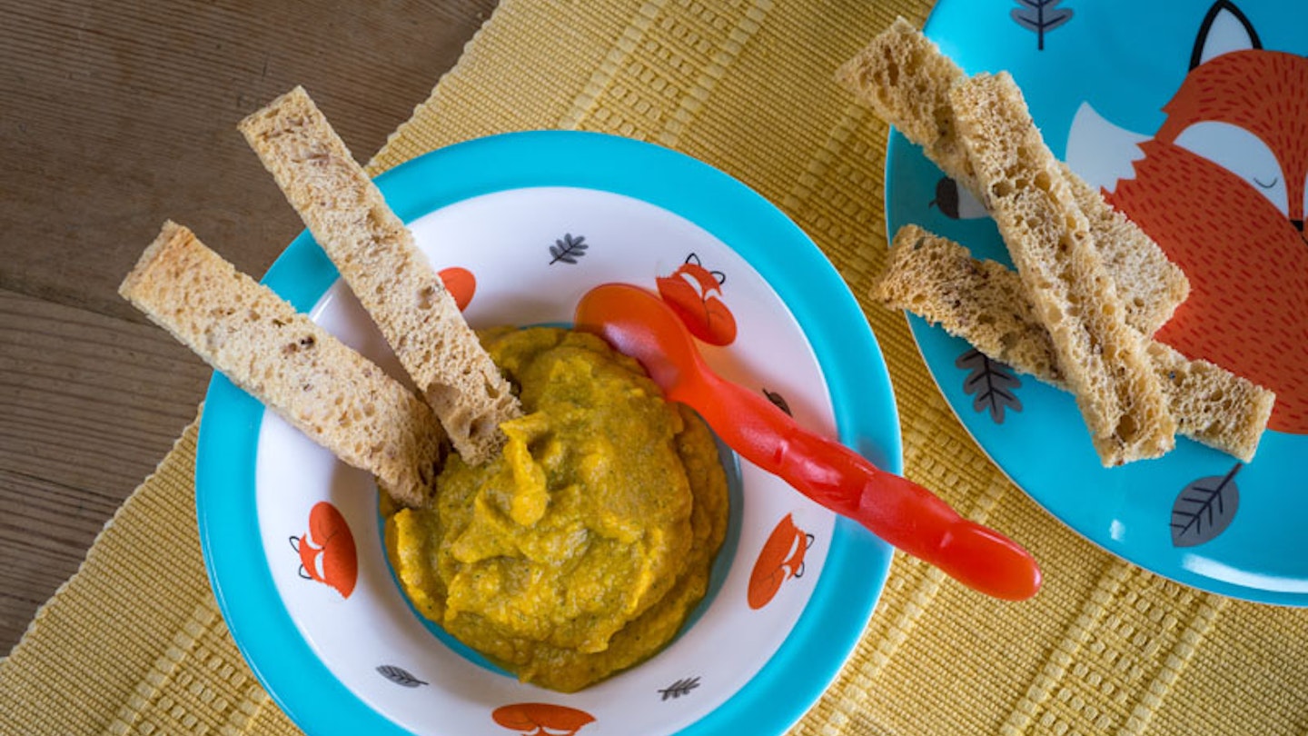 Butternut squash and broccoli puree with homemade rusks