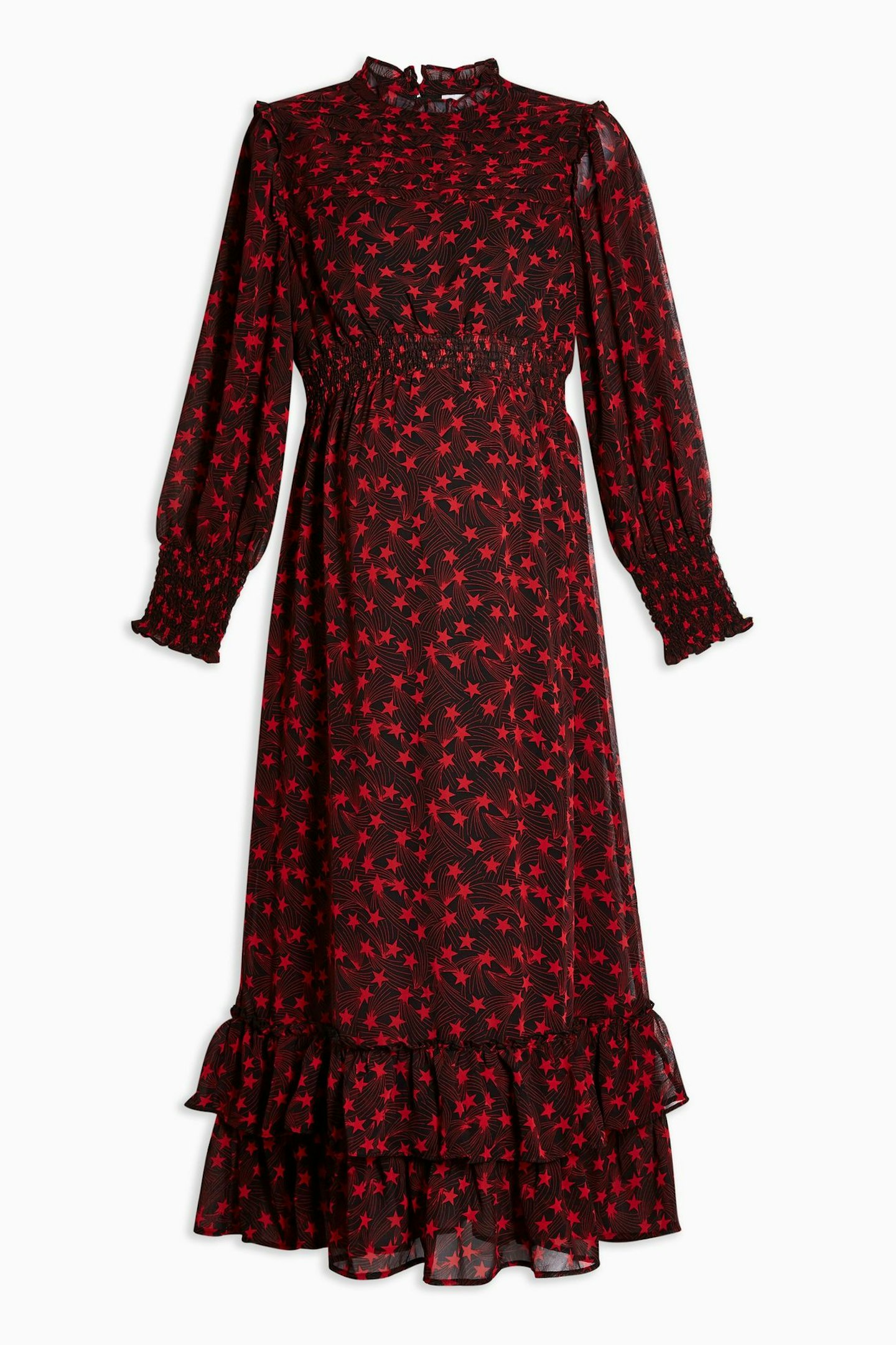 Red star printed shirred midi dress