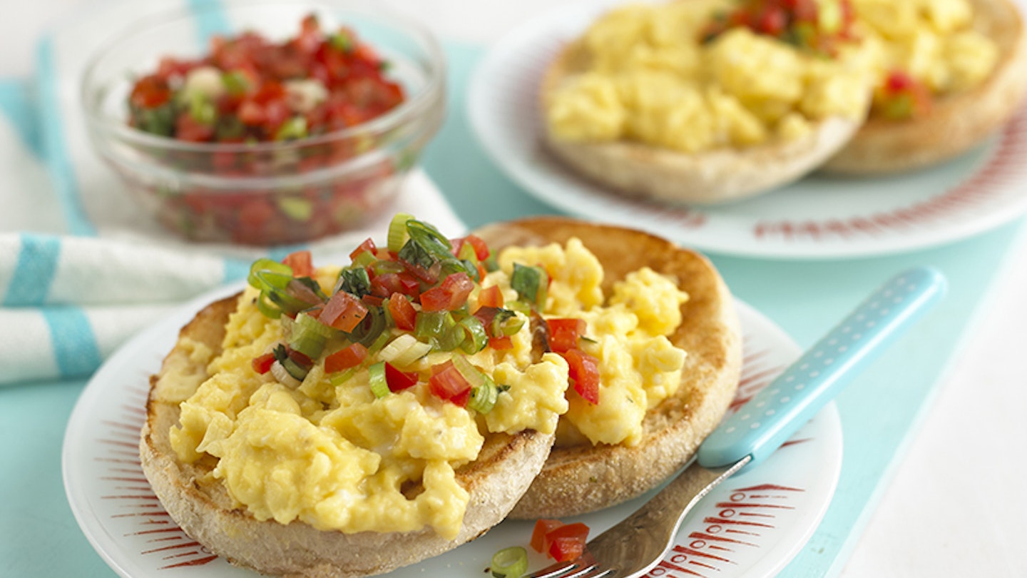 Scrambled egg with tomato and salsa on an English muffin by Annabel Karmel