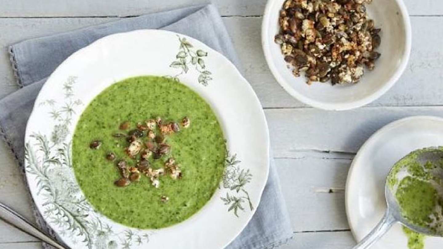 Souper green soup with pumpkin seed croutons