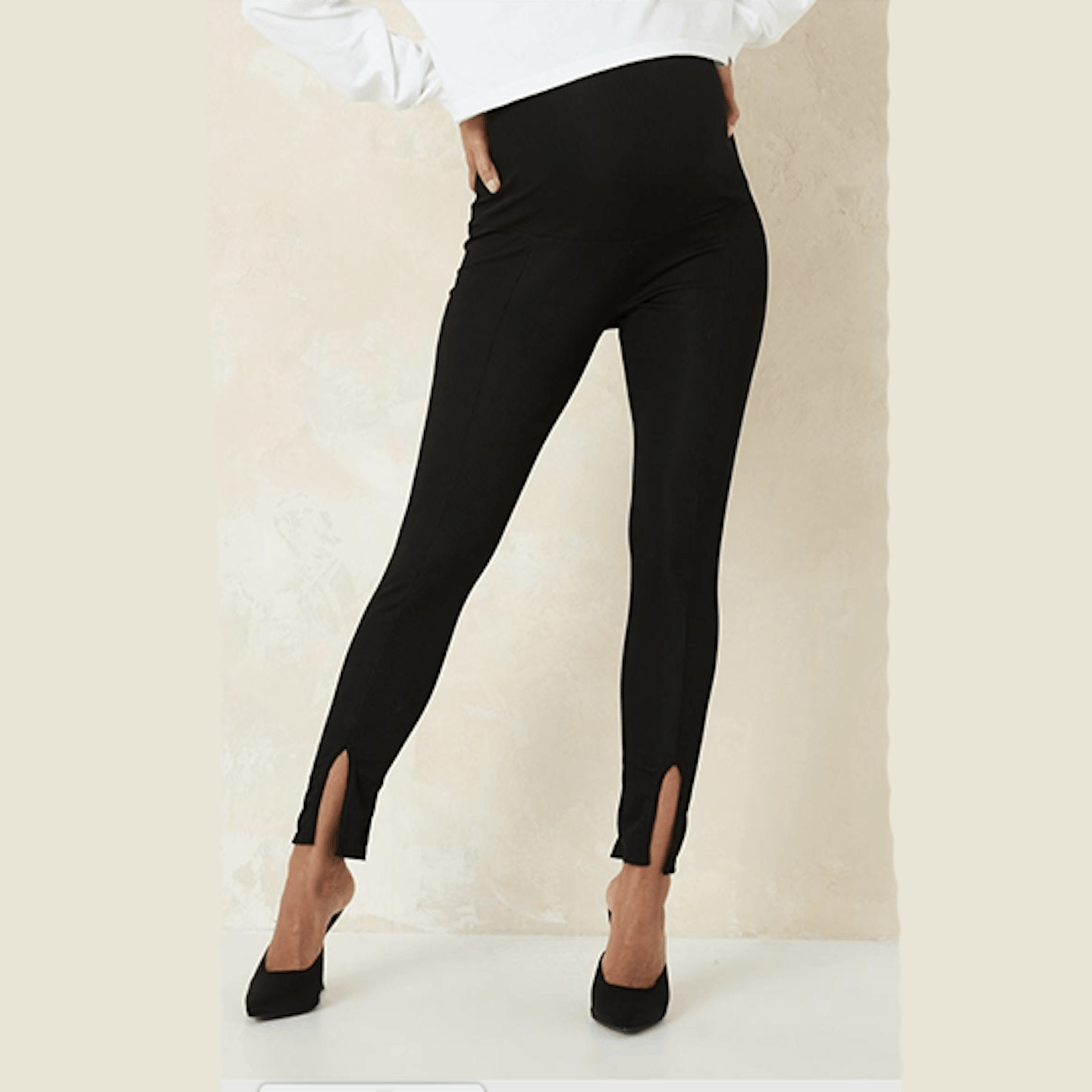 Black rib split front maternity leggings