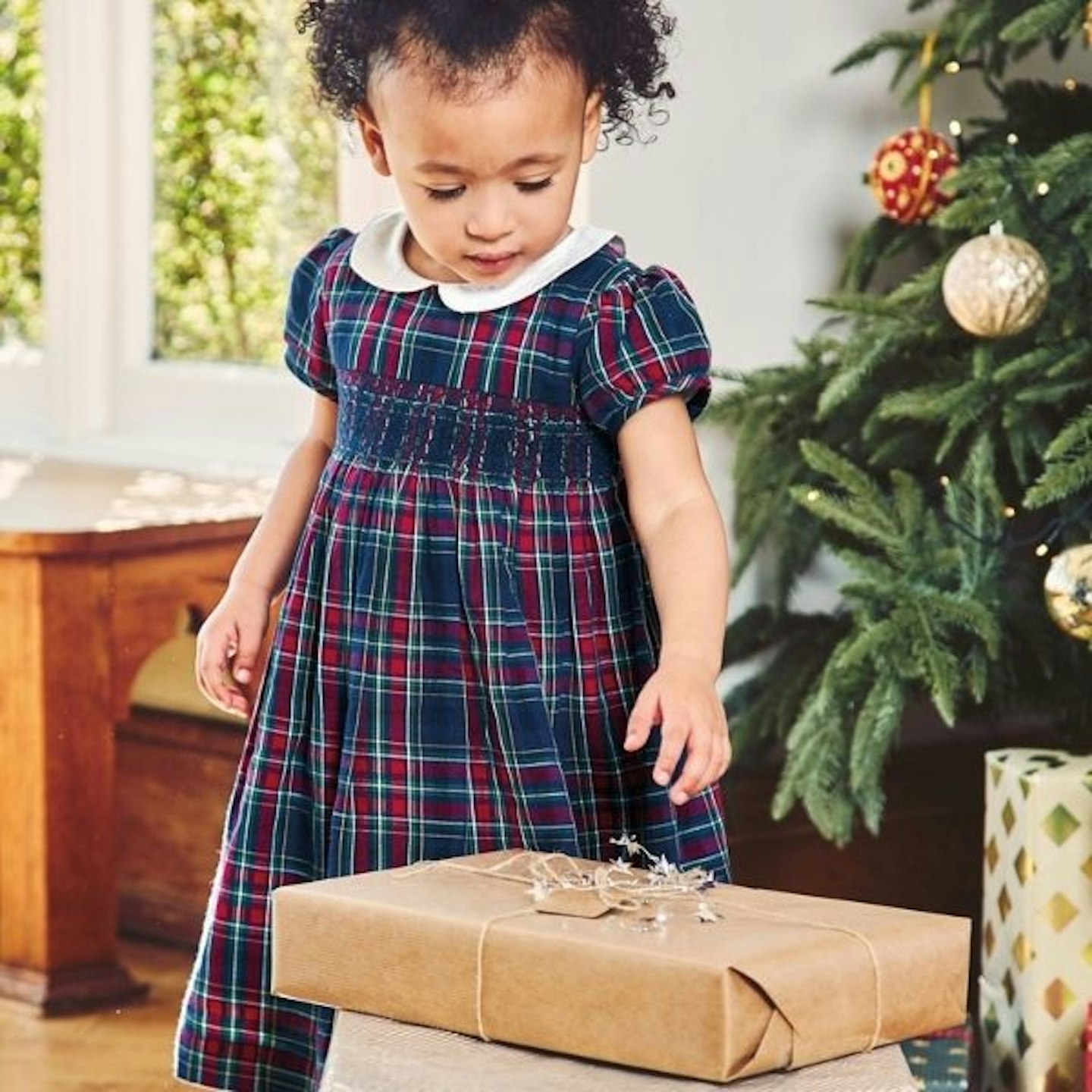Best Christmas outfit Girls Navy Tartan Smocked Party Dress