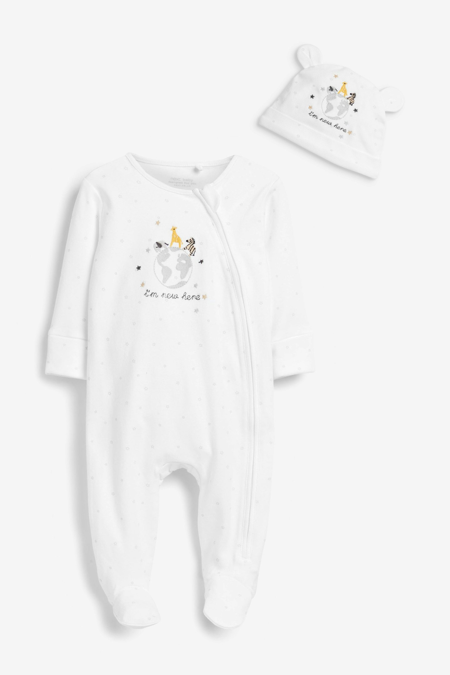 White Iu0026#039;m New Here Zip Sleepsuit And Hat 