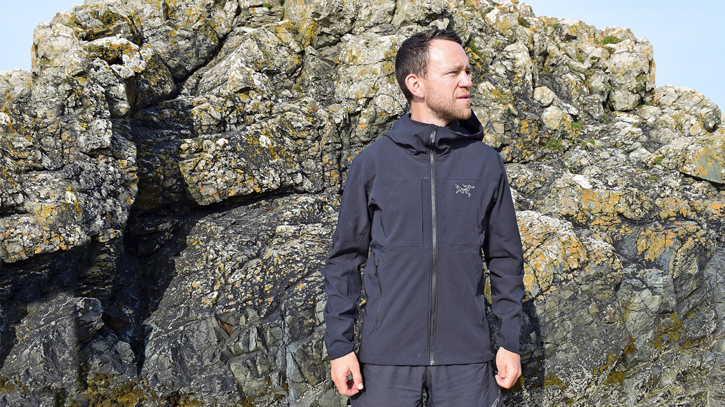 Our gear tester James Forrest wearing a black softshell jacket