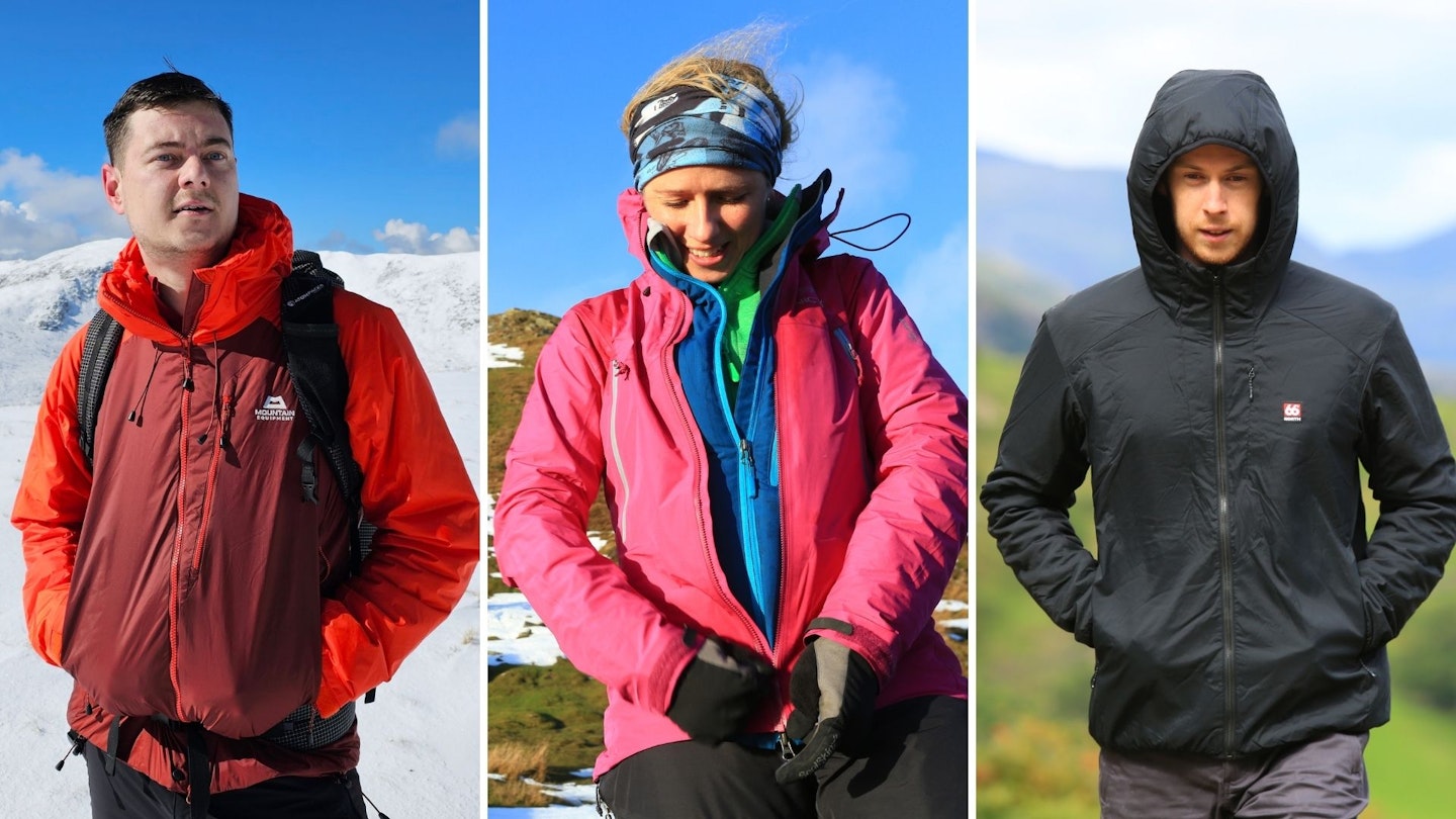 Three photos of hikers wearing synthetic insulated jackets