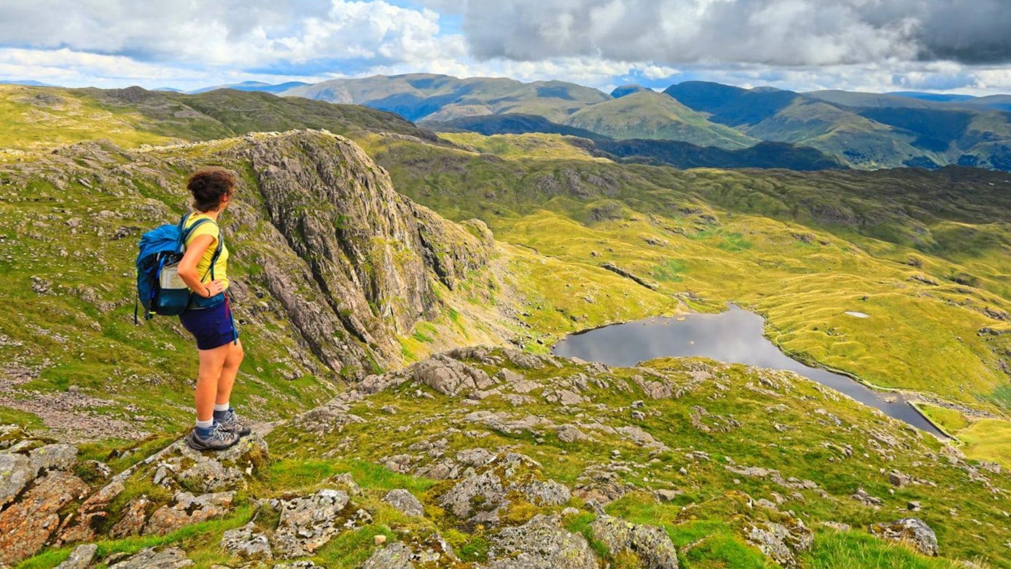 Female hiker wearing hiking shorts looking out over hilltops