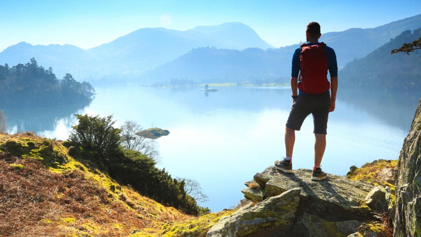 Hiker in the Lake District in summer wearing hiking shorts