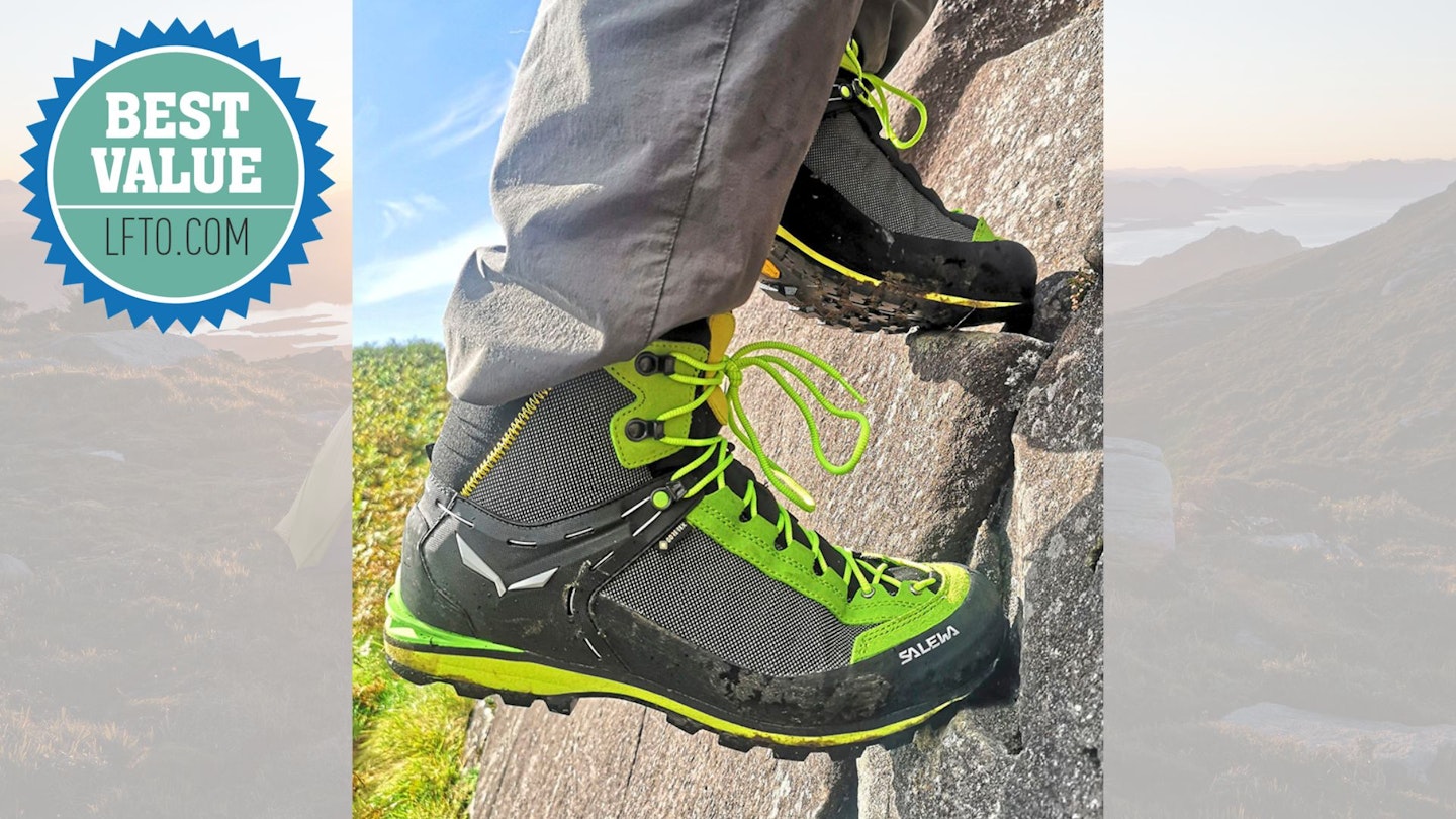 Salewa Crow GTX climbing a rock, with Best Value award logo