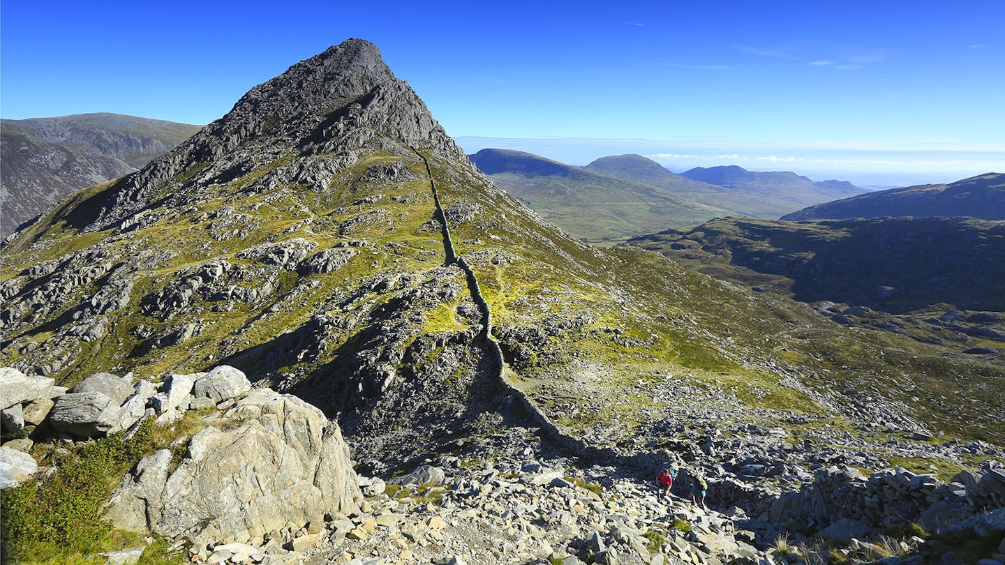 Looking over to Tryfan from Bristly Ridge on Glider Fach in the Snowdonia mountains