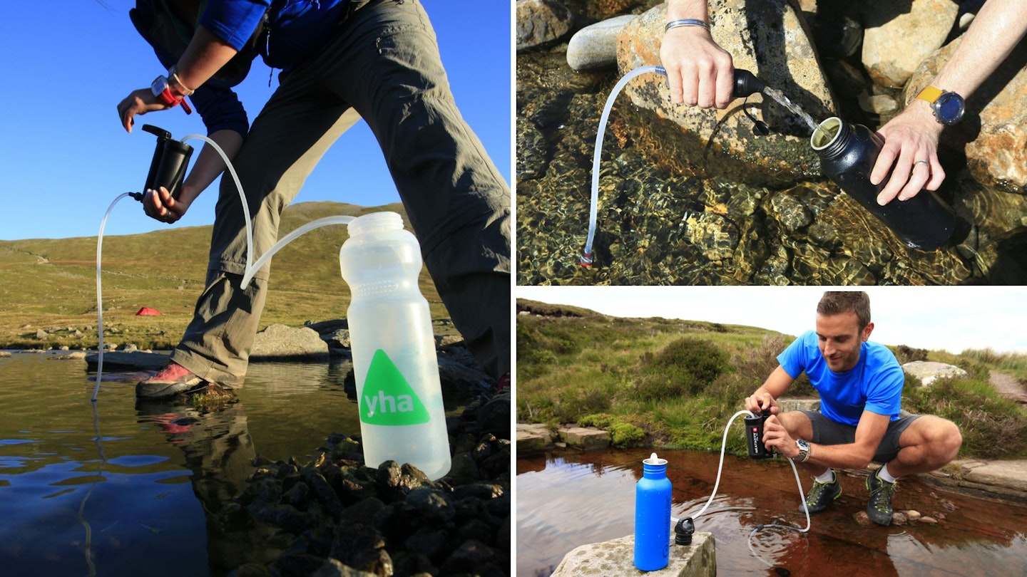 Three photos of people using water filters and water purifiers