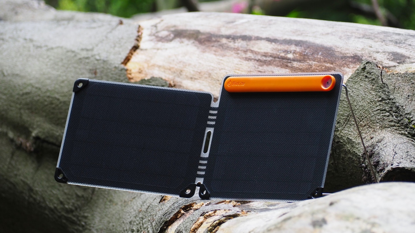 Biolite SolarPanel 10+ open on a tree branch