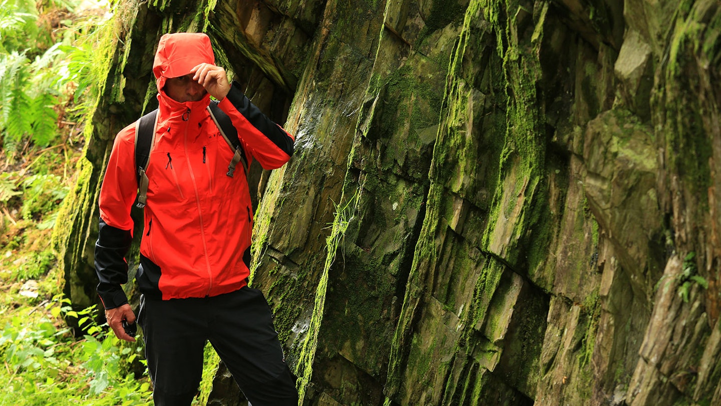 Hiker wearing Fohn Repurpose Jacket