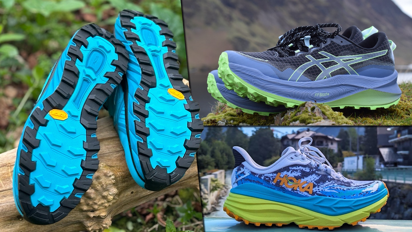 Best road to trail running shoes header image featuring hoka asics and scarpa