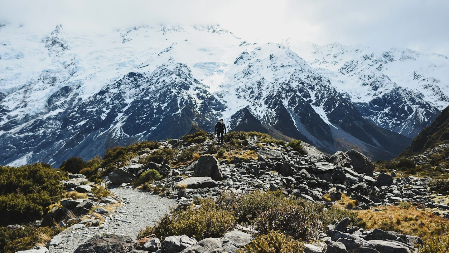 Rocky trail with Aoraki Mt Cook in the background