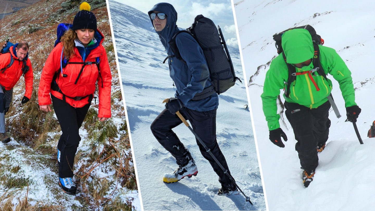 three photos of hikers wearing winter waterproof jackets in snowy mountains
