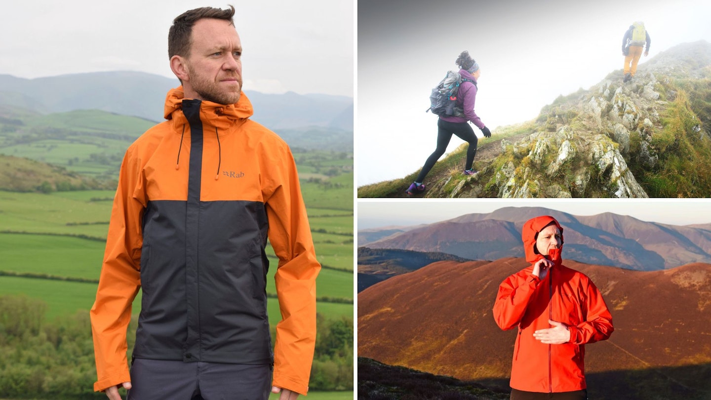Three photos of hikers wearing budget waterproof jackets