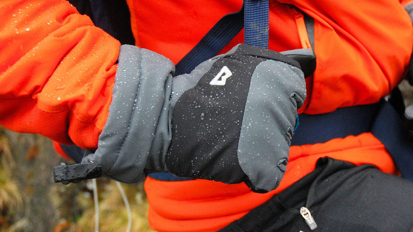 Closeup of hiker's waterproof gloves