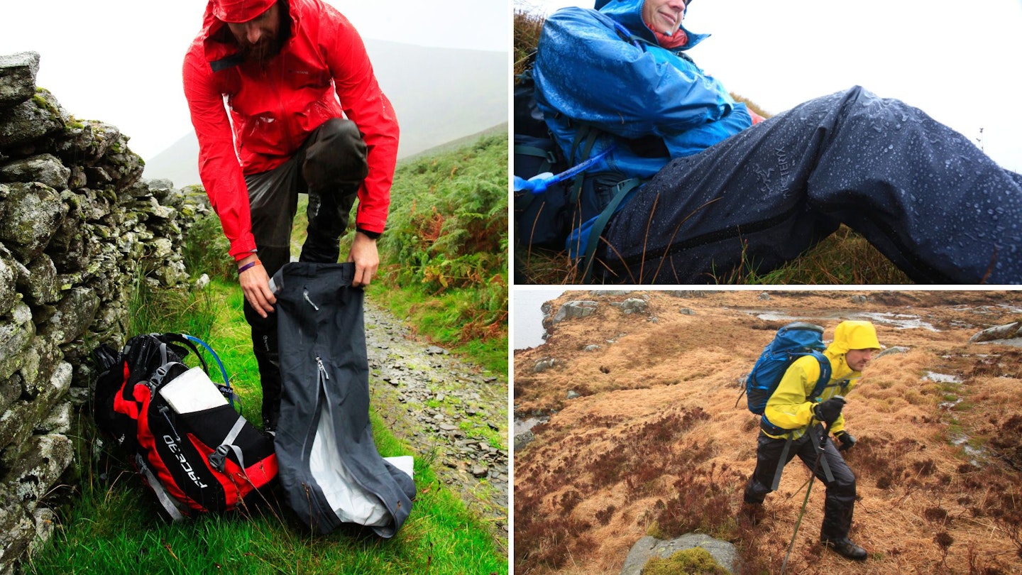 Three photos of hikers wearing waterproof trousers