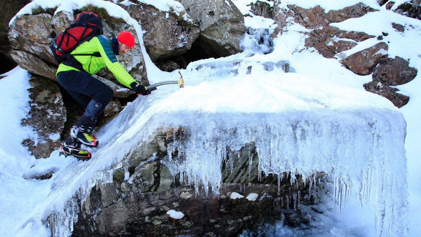 LFTO Editor using an ice axe in Snowdonia