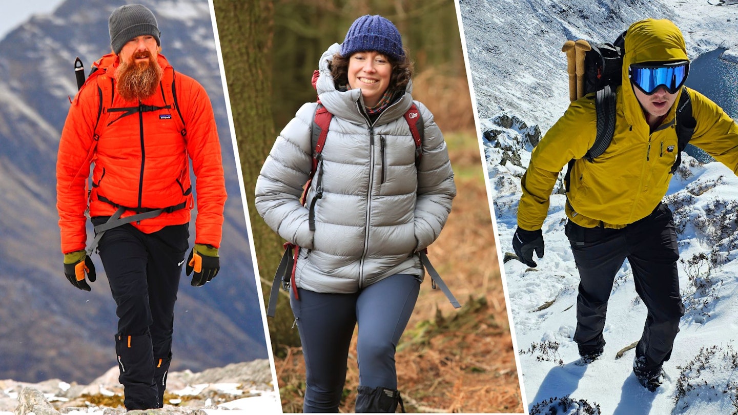 Three photos of hikers wearing insulated winter jackets