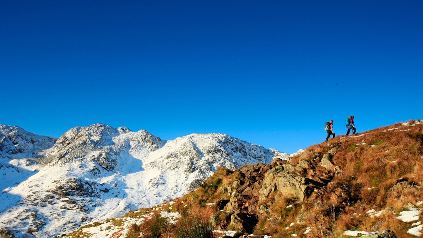 Hikers on the Band with Crinkle Crags in the distance
