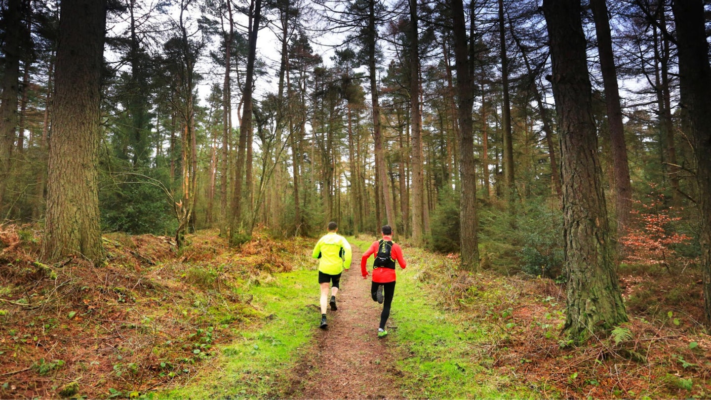 two men run through Dalby Forest