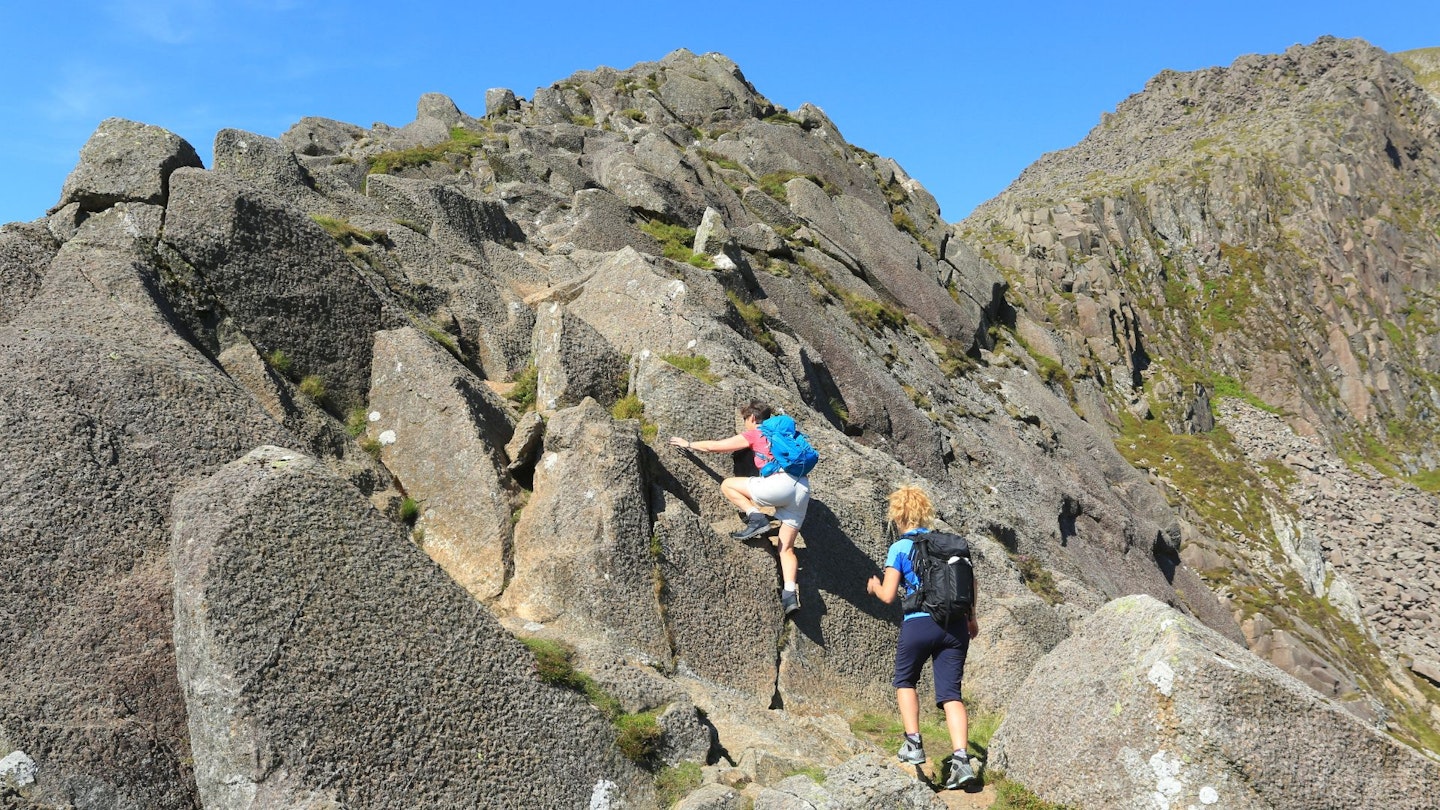 Scrambling high on the Daear Ddu ridge Moel Siabod Summer Snowdonia North Wales