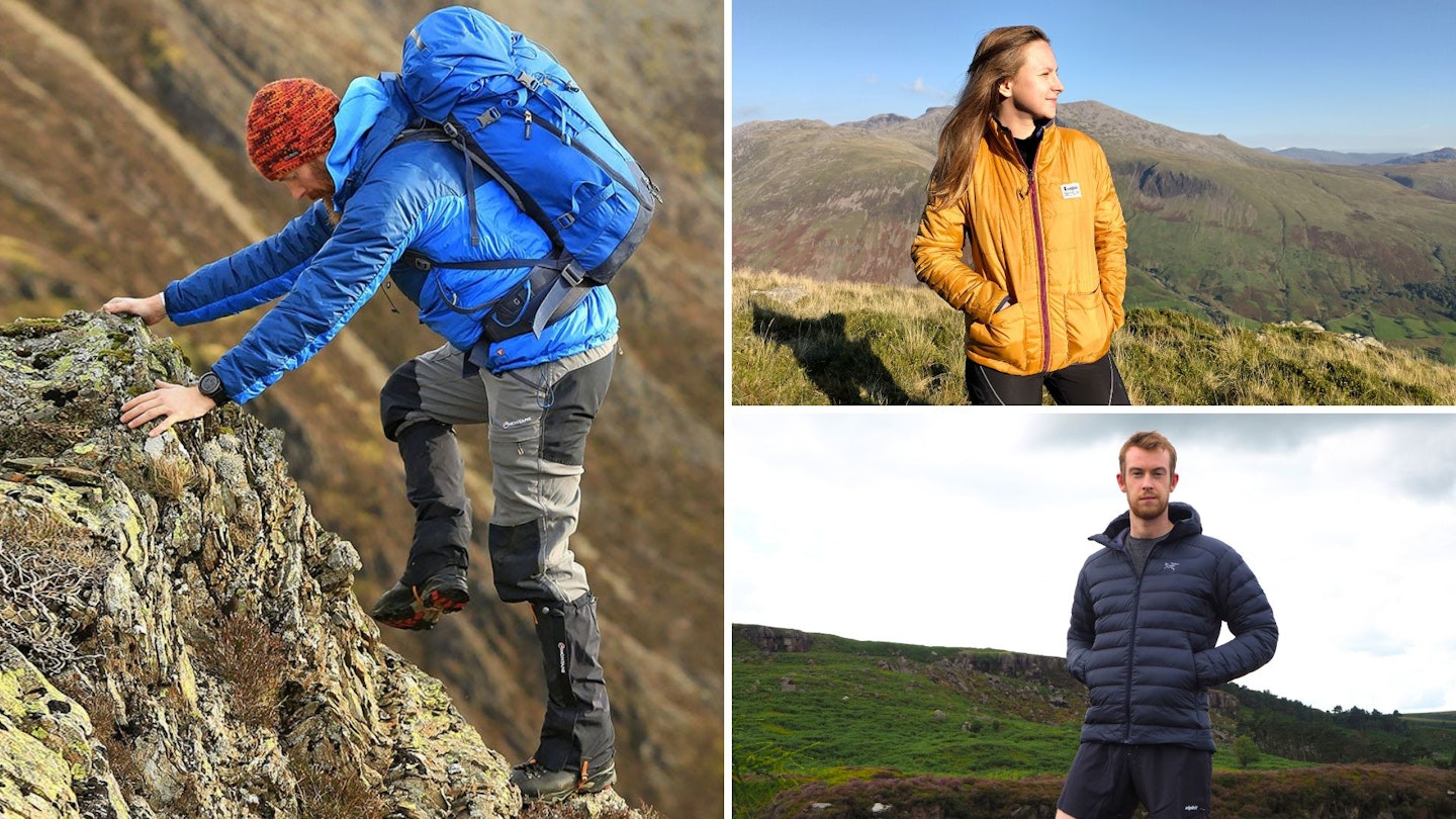 Photos of hikers wearing lightweight insulated jackets