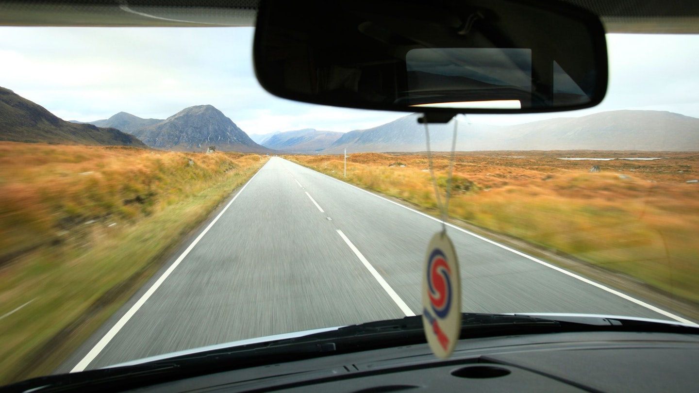 The famous view of Buachaille Etive Mor guarding the entrance to Glen Coe, northbound on the A82.
