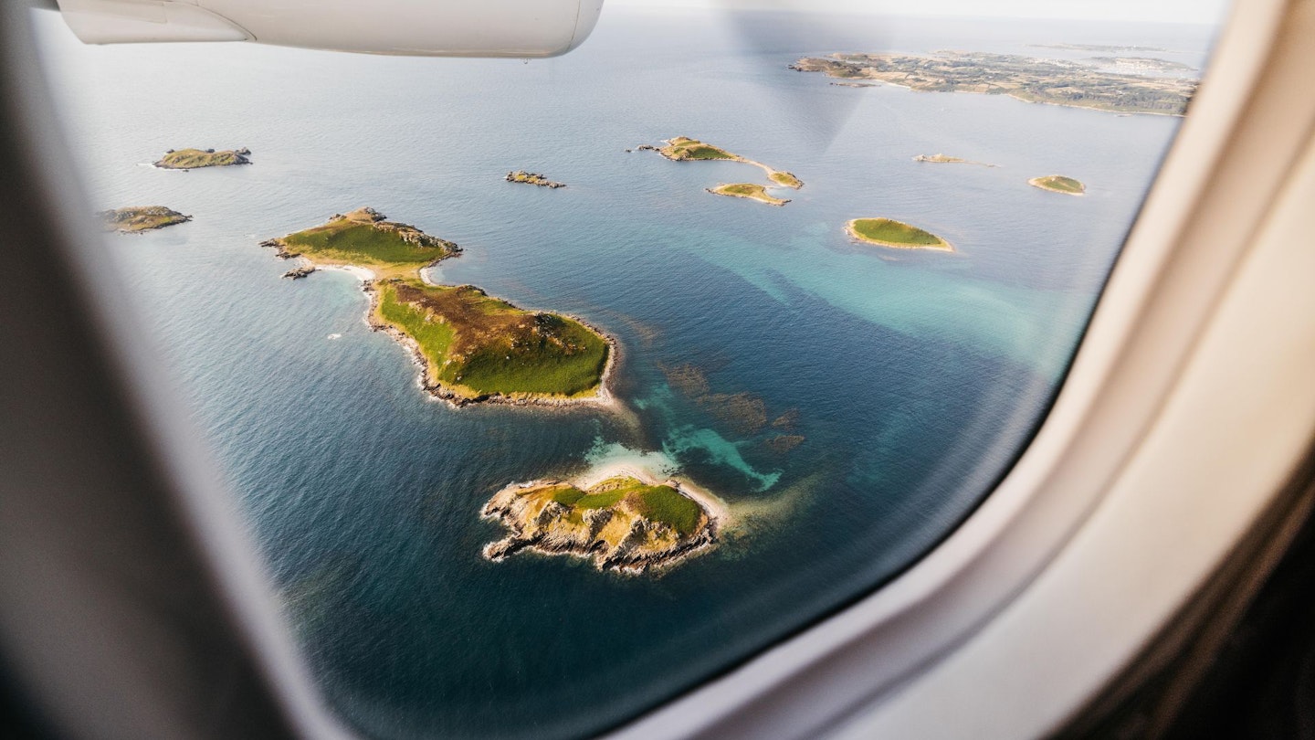 View of Scilly Isles from a plane window