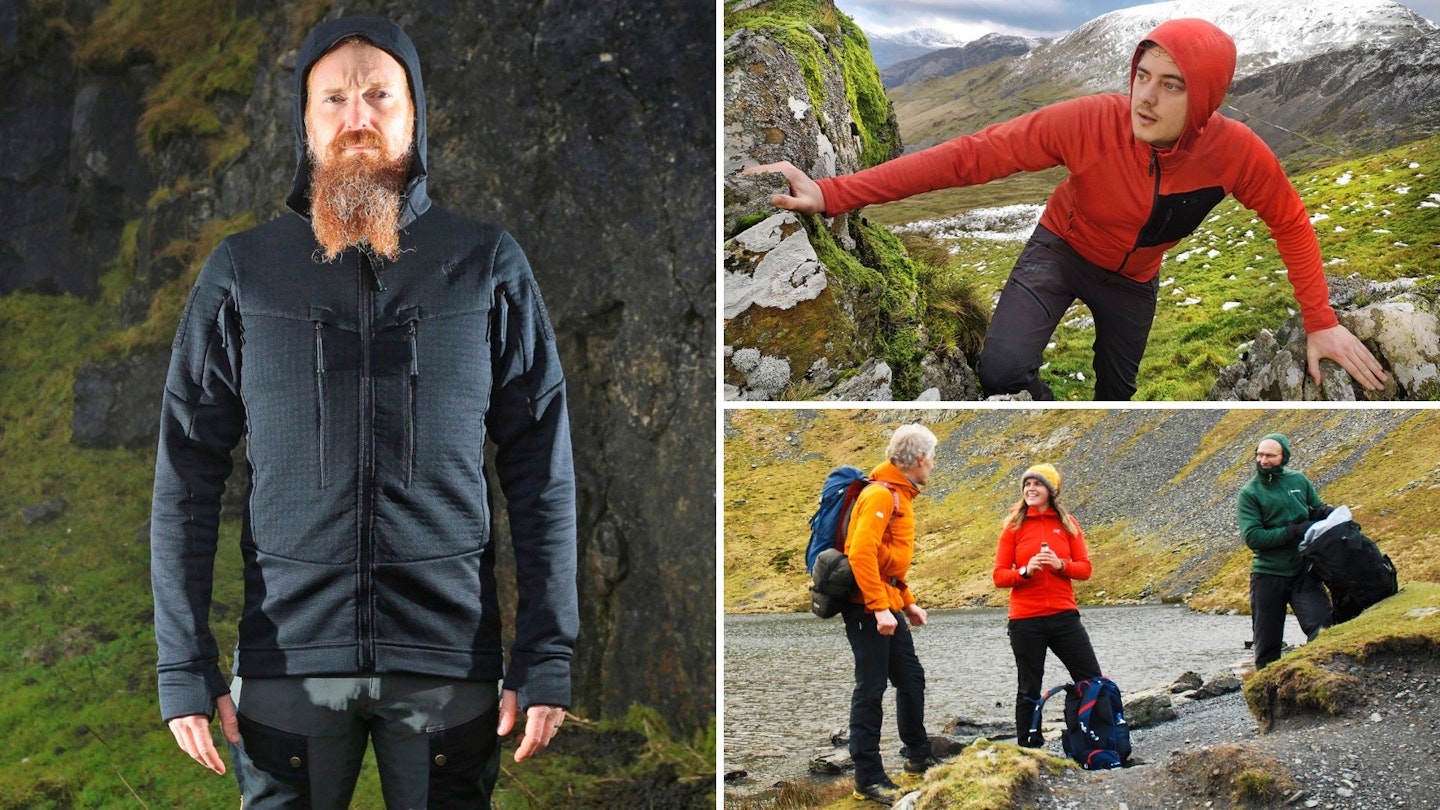 Three photos of hikers wearing fleece jackets