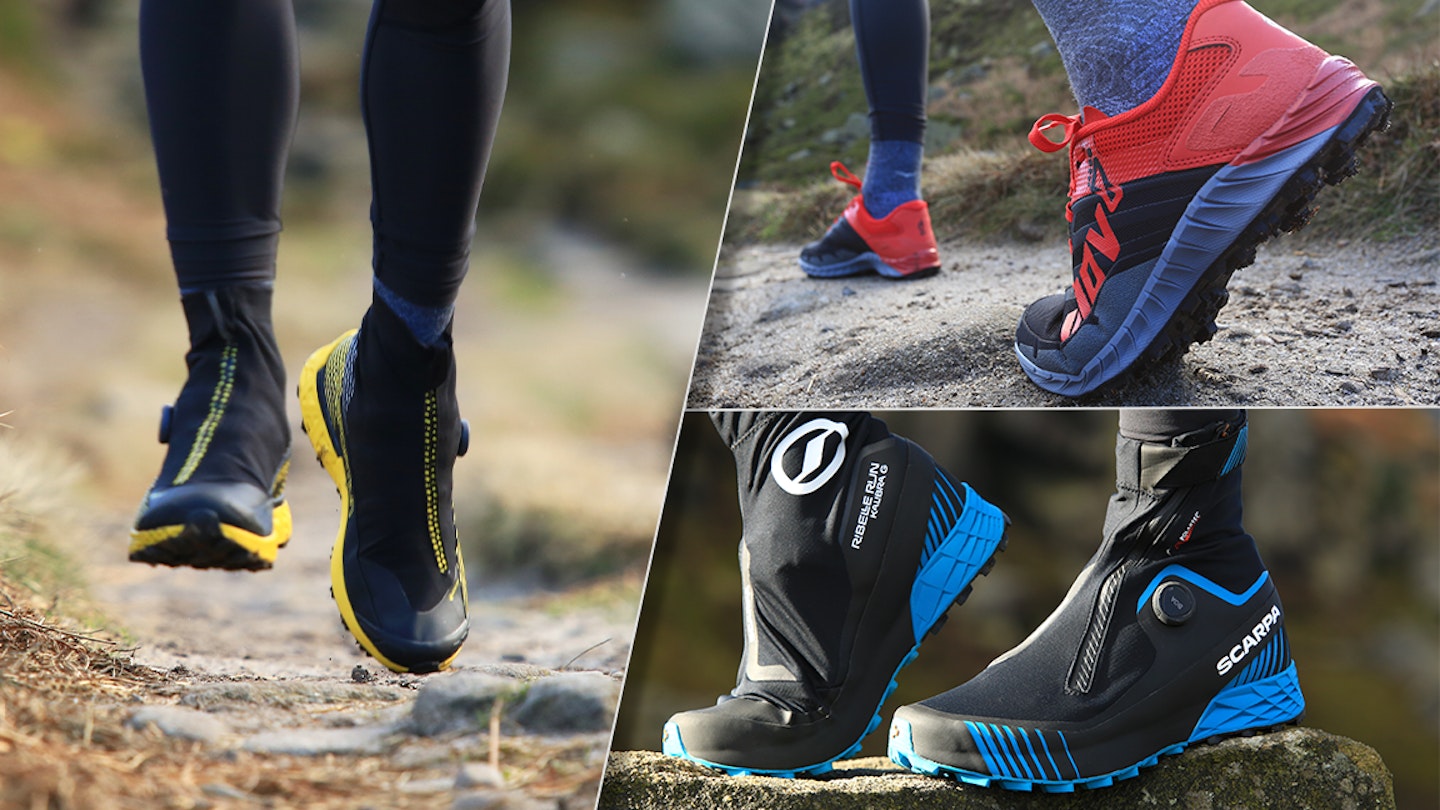 three different pairs of winter trail running shoes