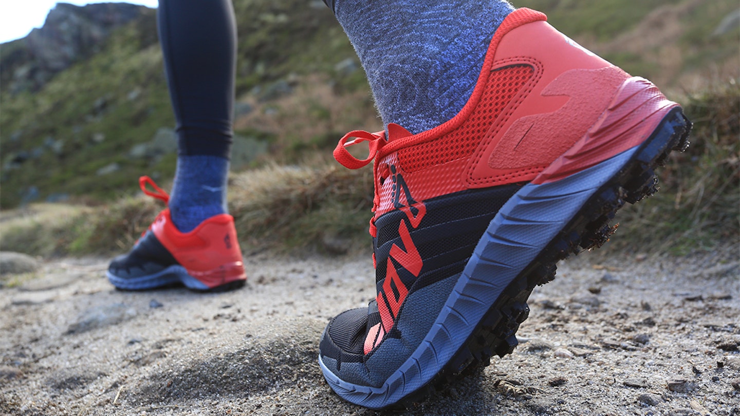 close-up of a winter trail running shoe