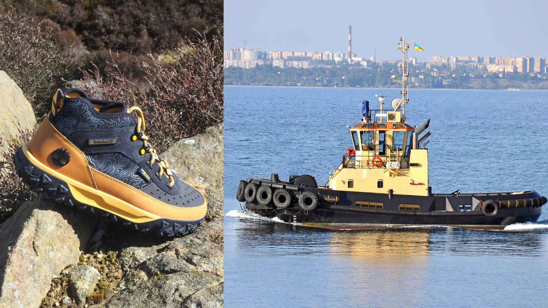 Timberland Motion 6 (left), tugboat (right)