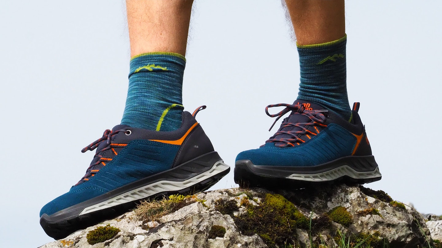 Closeup of hiker's shoes (Hanwag Blueridge) and socks