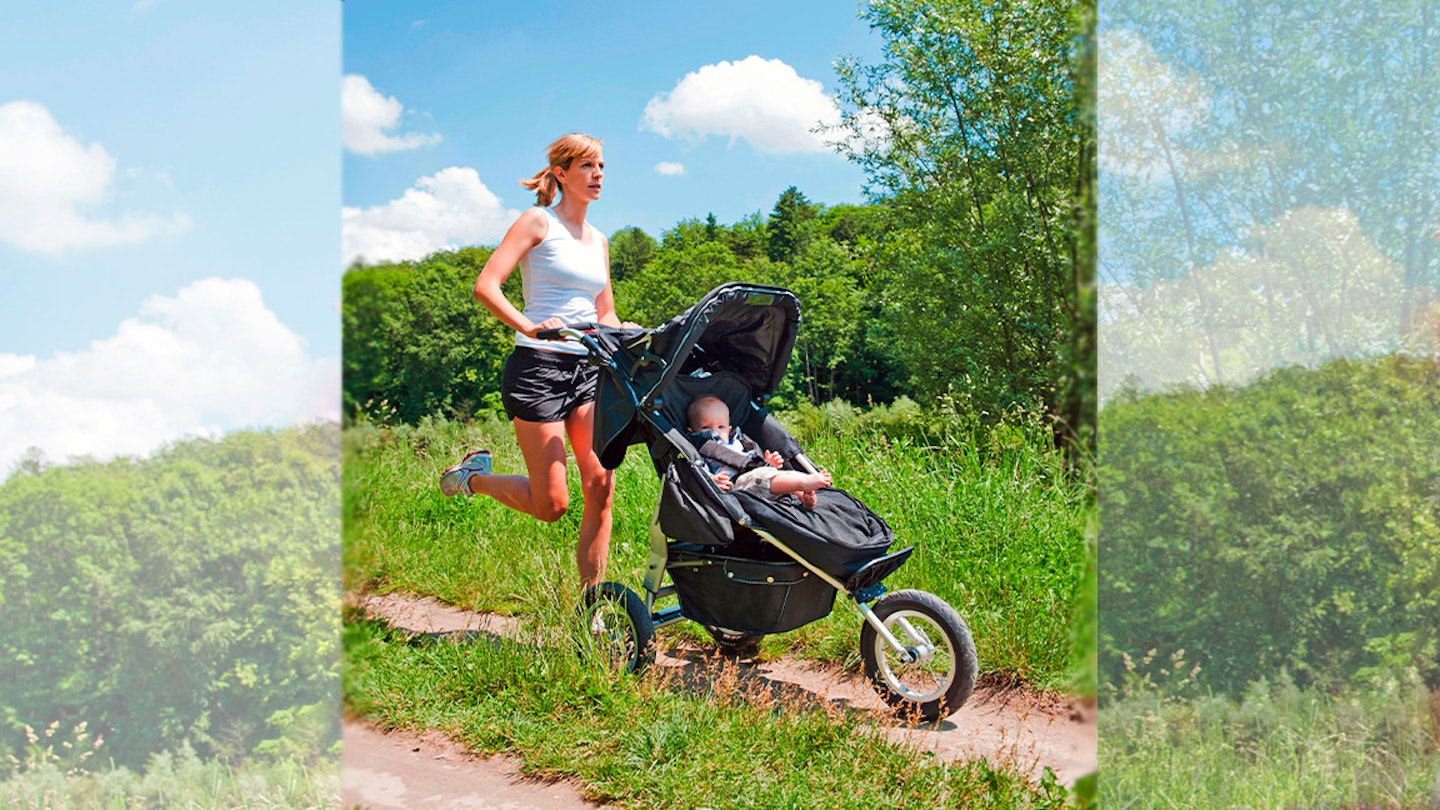 woman runs with buggy