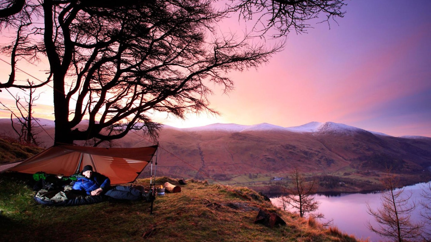 Sunrise tarp camping Raven Crag Lake District