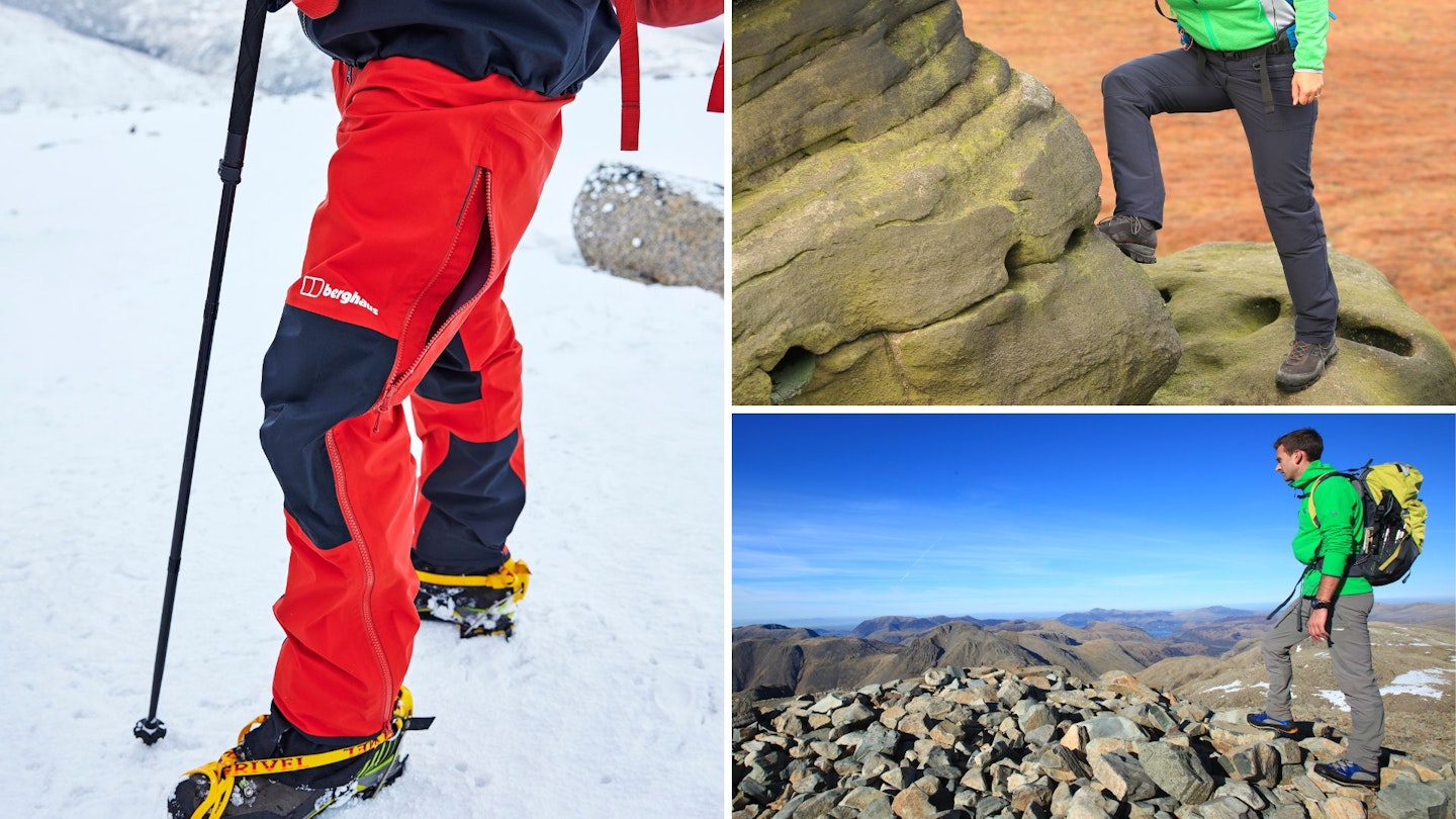Photos of hikers wearing different types of walking trousers