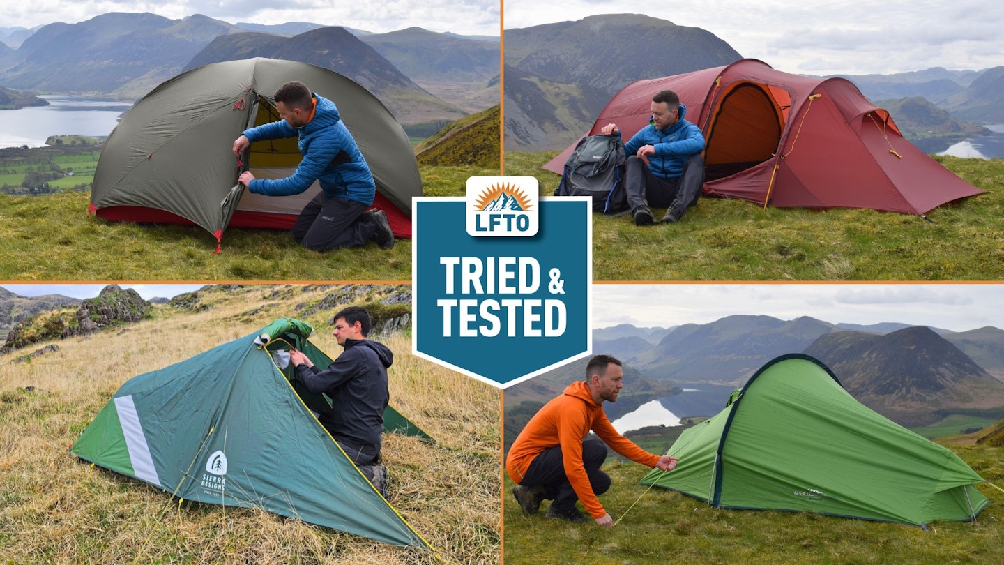 Two-person tents being tested by LFTO with LFTO Tried and Tested logo