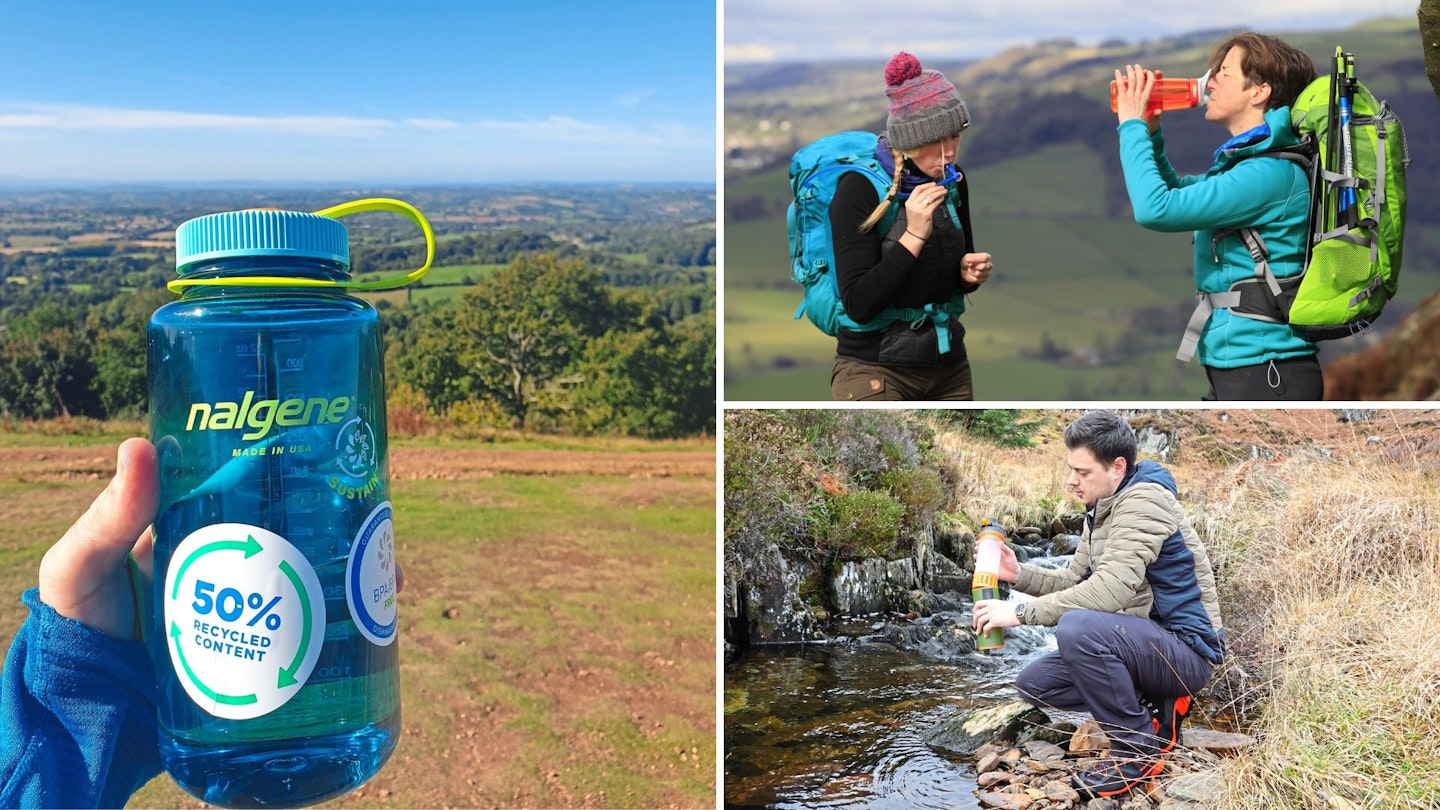 Photos of hikers using water bottles