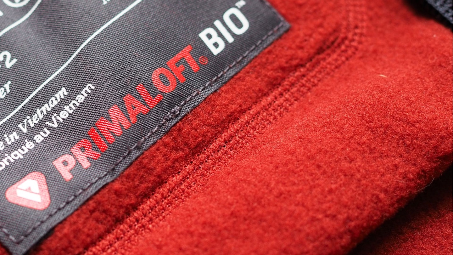 Closeup of a clothing tag with PrimaLoft Bio