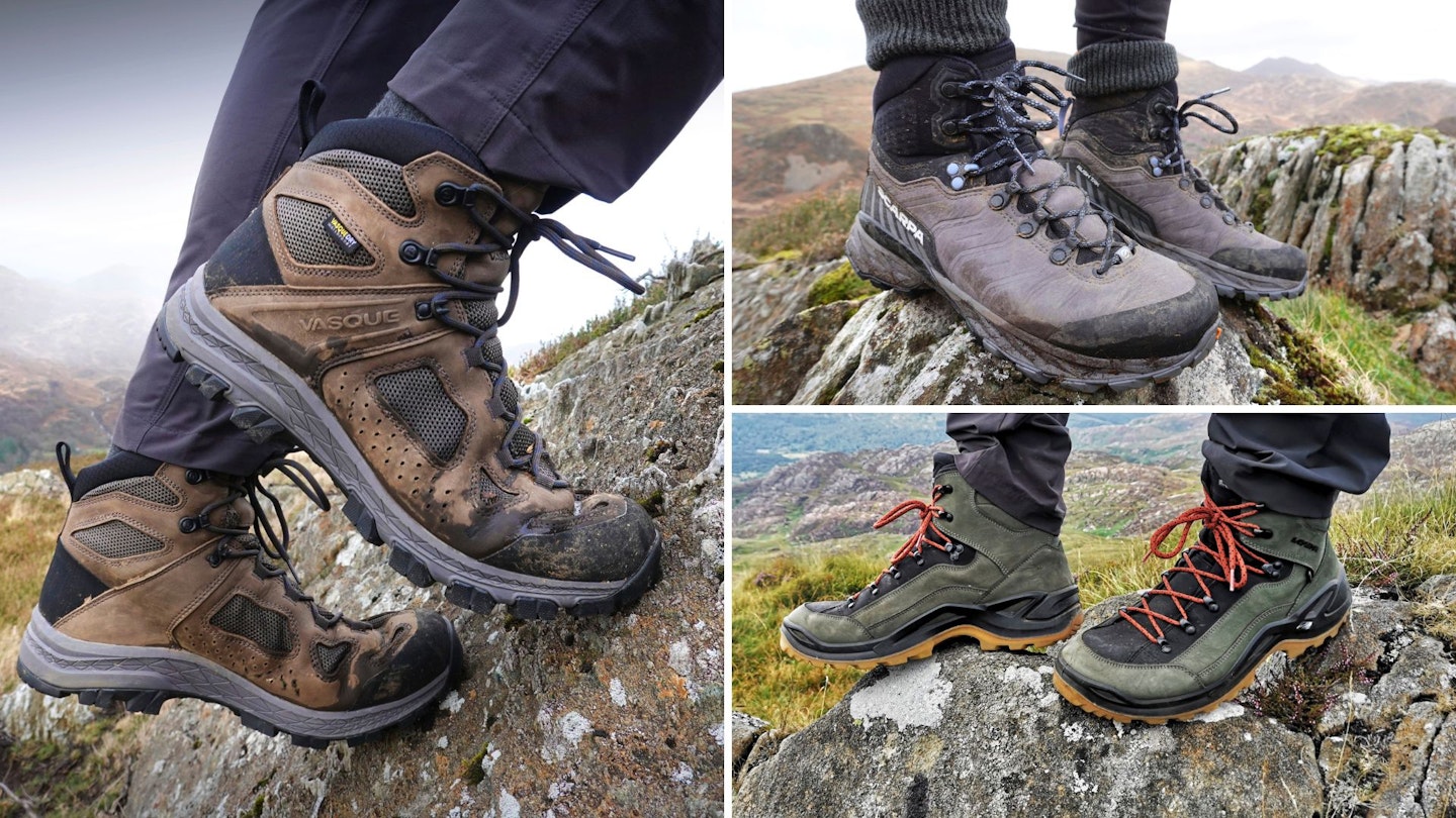Three photos of 3-season hiking boots being worn